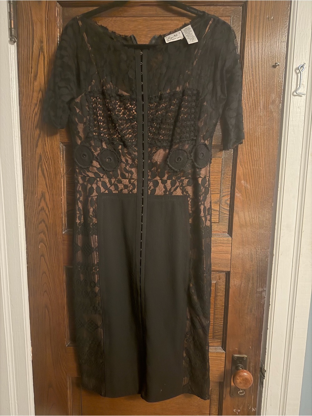 Byron Lars Black Lace Midi Dress with Nude Underlay